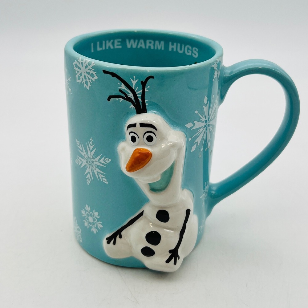 Disney Parks Frozen Olaf 3D Relief Coffee Mug Blue I Like Warm Hugs Snowflake